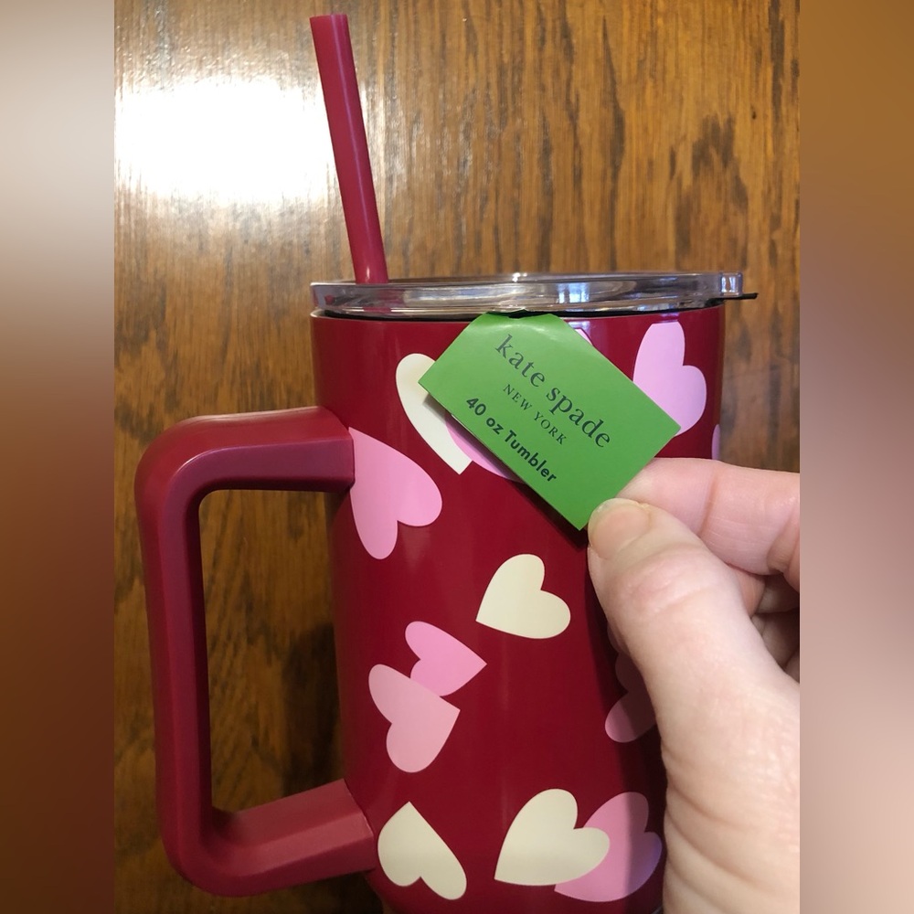 NWT-Kate Spade-40 Ounce Hearts Tumbler Cup-Red, Pink & White-Lid & Straw-$42.95 - Picture 4 of 9